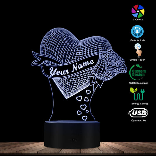 Customize Your 3D Effect Optical Illusion Table Rose Lamp With Your Name For Valentines