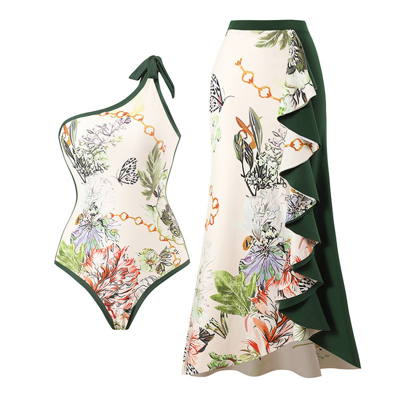 Elegant Printed Patchwork Contrast Color Beach Skirt Two-piece Set