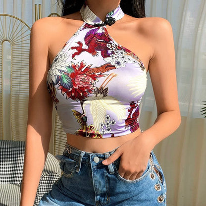 Chinoiserie Printed Halter Neck Buttoned Navel Crop Top