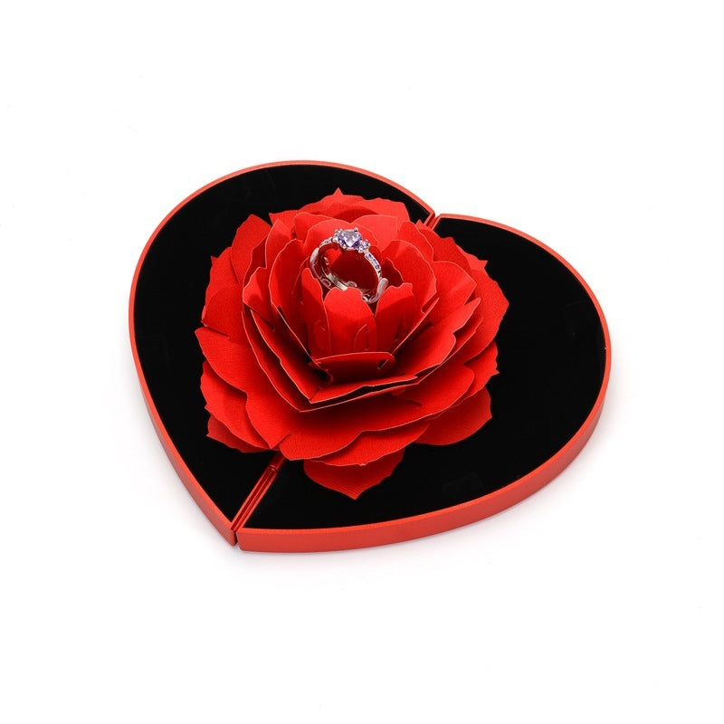 3D Love Box Heart-shaped Rose Flower Rotating Ring With Box For Valentines Day Gift