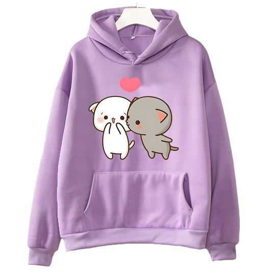 Friendly Cat Graphic Drawstring Hoodie