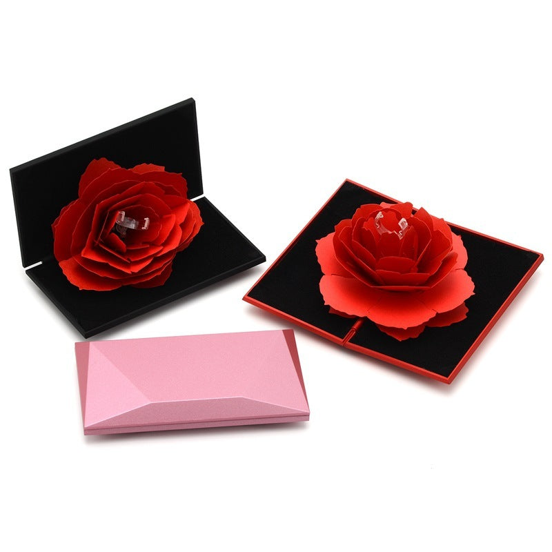 3D Love Box Heart-shaped Rose Flower Rotating Ring With Box For Valentines Day Gift