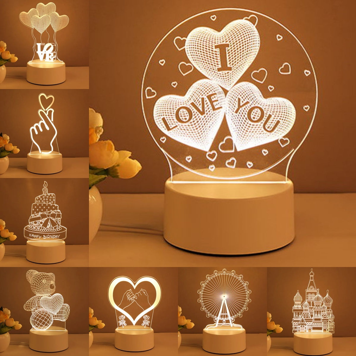 3D Heart shaped Acrylic USB LED Neon Night Lamp  for Xmas Home Decor & Valentines Day Gift