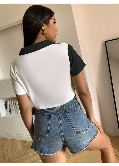 Contrast Paneled Crop Top Short Sleeve Shirt