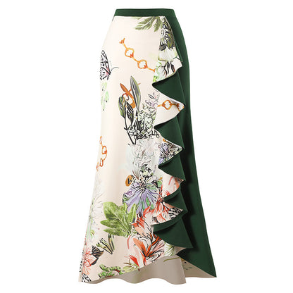 Elegant Printed Patchwork Contrast Color Beach Skirt Two-piece Set