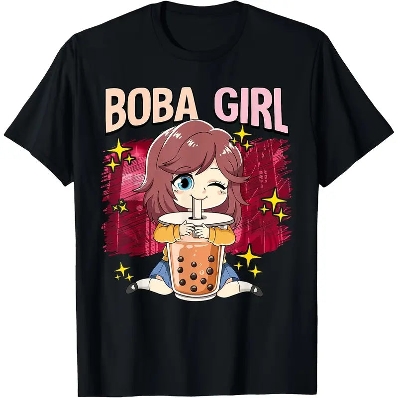 Boba Girl Anime Graphic Tee , Short Sleeve, Crew Neck T-Shirt For Women & Girls