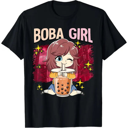 Boba Girl Anime Graphic Tee , Short Sleeve, Crew Neck T-Shirt For Women & Girls