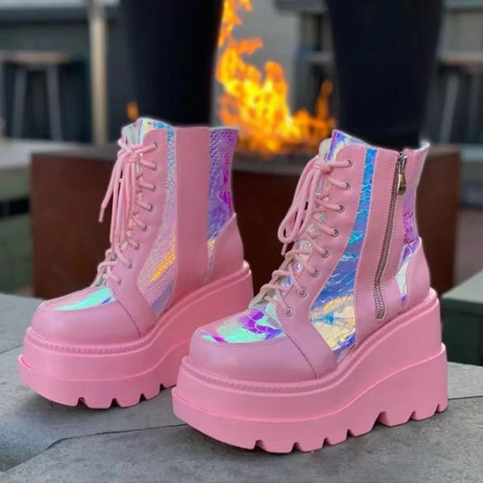 Pink Holo Lace Up High Top Martin Boots