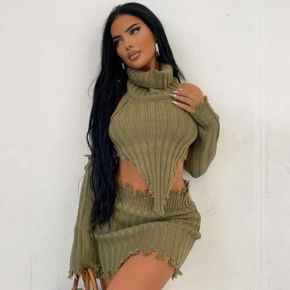 Turtleneck Knitted Backless Sweater Tight Hip Skirt Two-piece Set