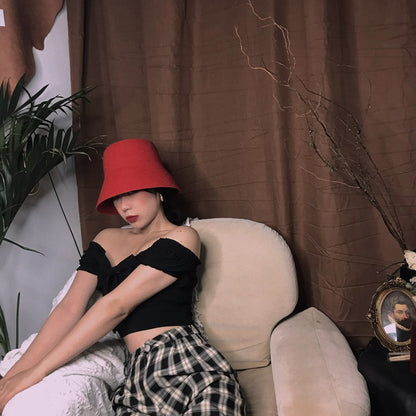 French Vintage Black And White Red Bell Bucket Hat