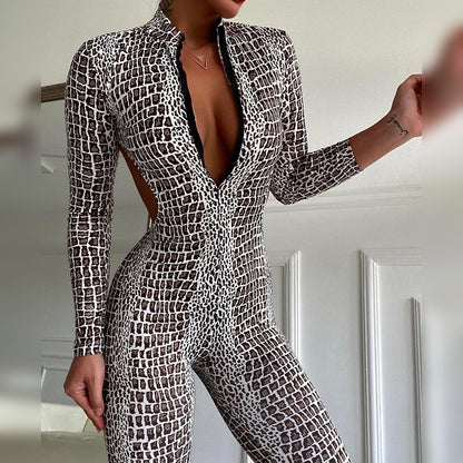 Animal Print Skinny Backless Sexy Long Sleeve Jumpsuit