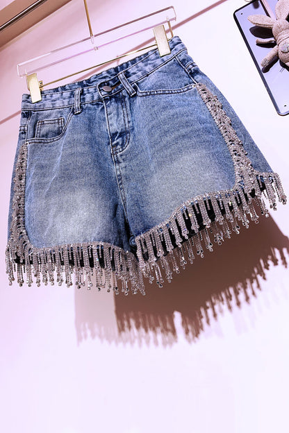 Rhinestone Tassel High Waist Denim Shorts