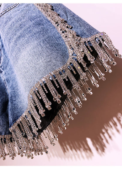 Rhinestone Tassel High Waist Denim Shorts