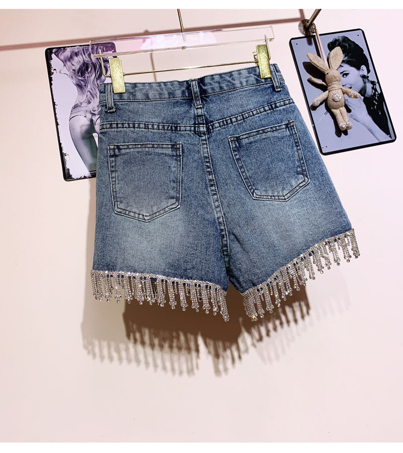 Rhinestone Tassel High Waist Denim Shorts