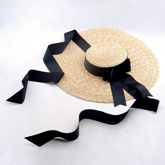 15CM Oversized Eaves Natural Straw Flat Top Strap Hat