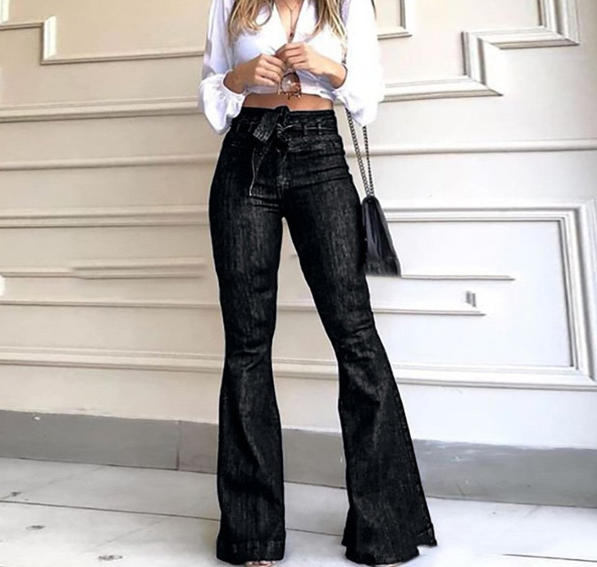 High-Waisted Micro-Elastic Lace-Up Flared Pants Wide-Leg Pants Women'S Jeans