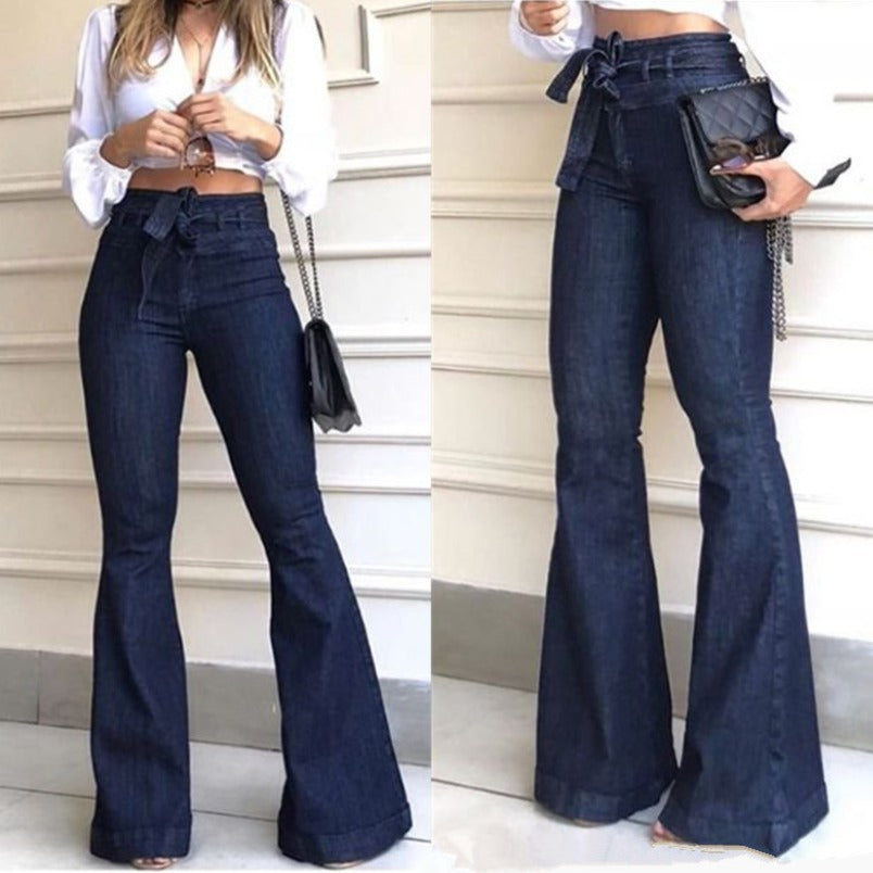 High-Waisted Micro-Elastic Lace-Up Flared Pants Wide-Leg Pants Women'S Jeans