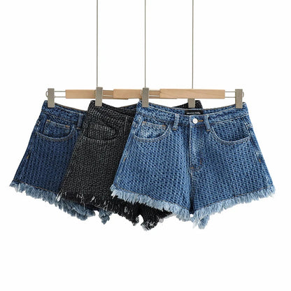 Irregular Frayed Low Waist Knitted Denim Short