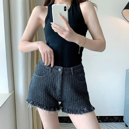 Irregular Frayed Low Waist Knitted Denim Short