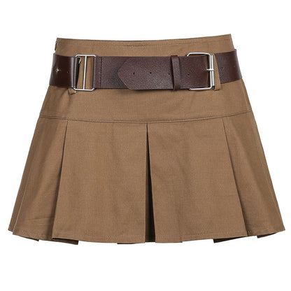 Belted Khaki High Waist Short  Pleated Skirt