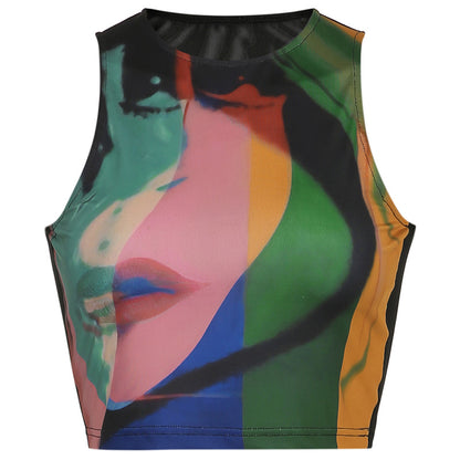 Retro Painting Print Vintage Mesh Tank Top