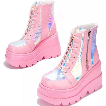 Pink Holo Lace Up High Top Martin Boots