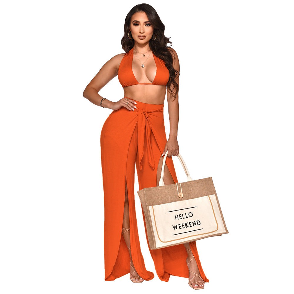 Tie Front Wrap Hem Wide Leg Pants Set