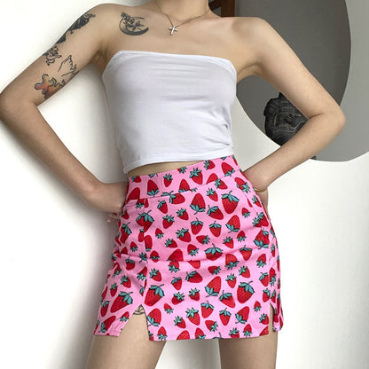 Cherry Print High Waist Slit Short Skirt