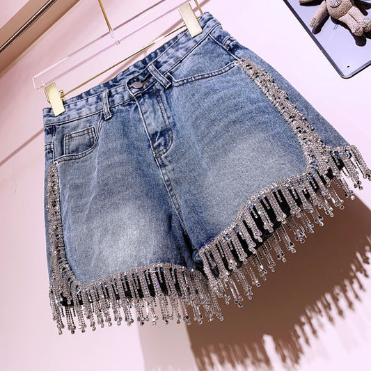 Rhinestone Tassel High Waist Denim Shorts