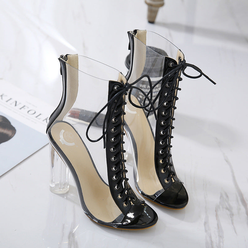 Open-toed Tied Front chunky Heel Boots