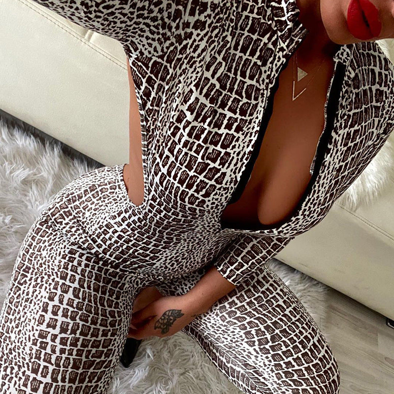 Animal Print Skinny Backless Sexy Long Sleeve Jumpsuit