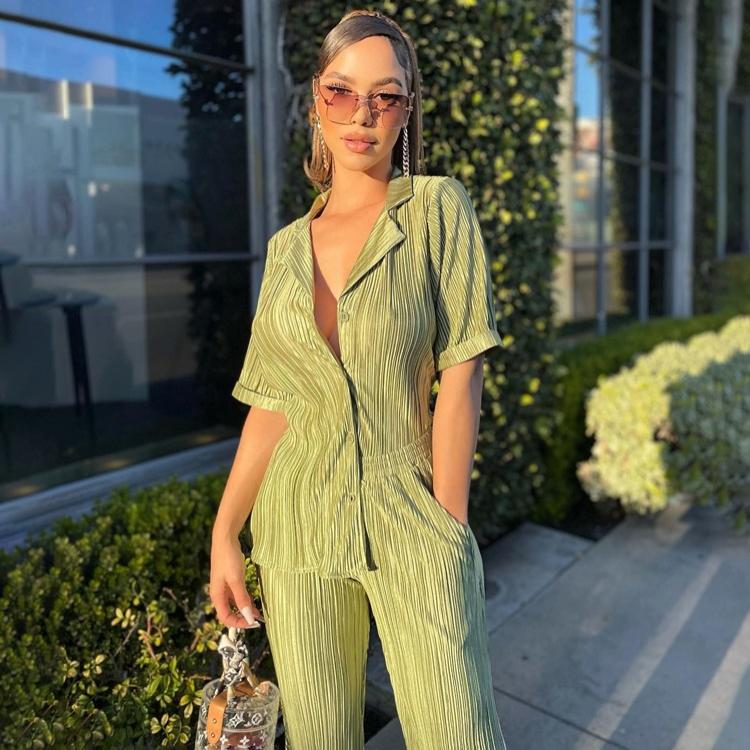 Green Short Sleeve Shirt Casual Pleated High Waist Wide Leg Pants Set