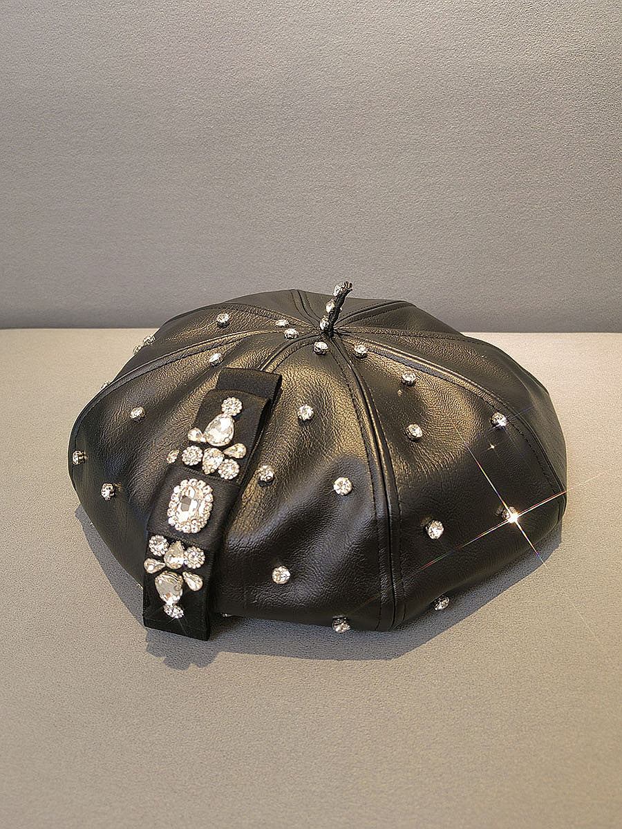 PU Leather Octagonal Rhinestone Bow Beret