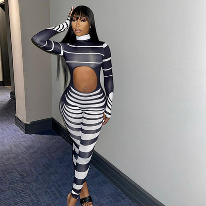 Black White Stripped Print Long Sleeve Cut Out Bodysuit