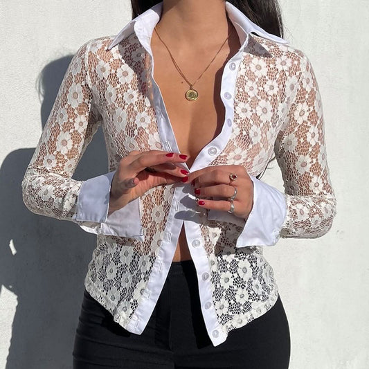 Lace Shirt Button Long Sleeve Casual Top