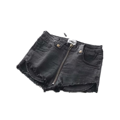 High Waist Stretch Front Zip Denim Shorts