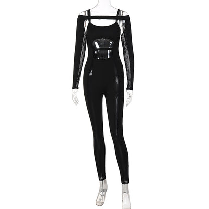 Openwork Gauze Stitching Long Sleeve Jumpsuit