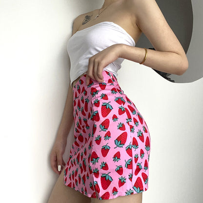 Cherry Print High Waist Slit Short Skirt