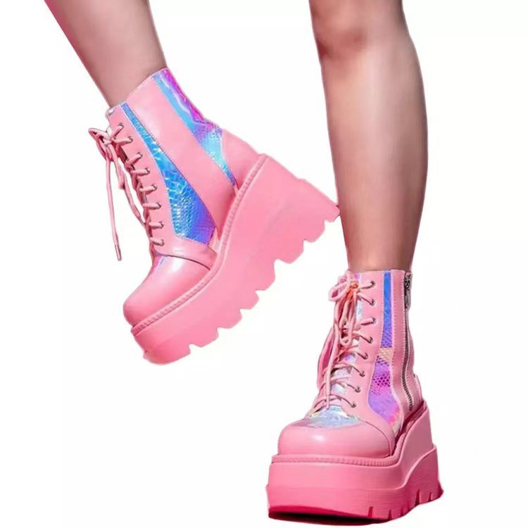 Pink Holo Lace Up High Top Martin Boots