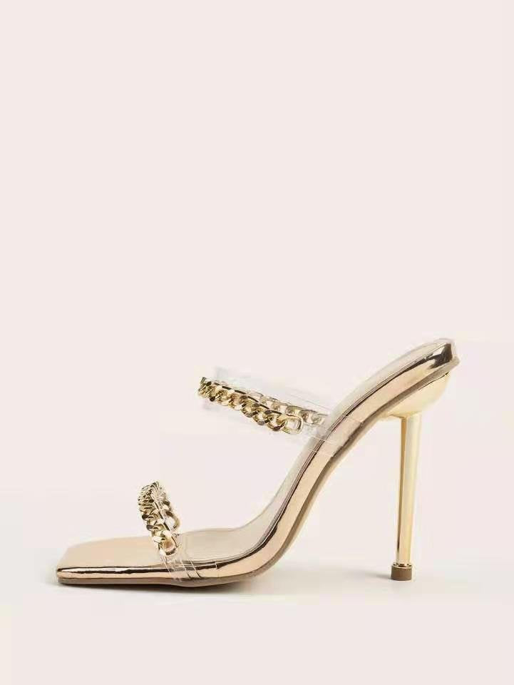 Metal Chain Square Toe Stiletto Heel Sandals