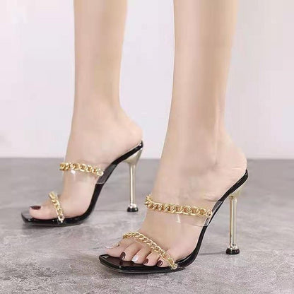 Metal Chain Square Toe Stiletto Heel Sandals