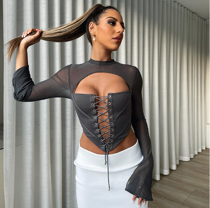 Women's Autumn New Solid Color Casual Backless Round Neck Long Sleeve Tied Mesh Slim Fit Top