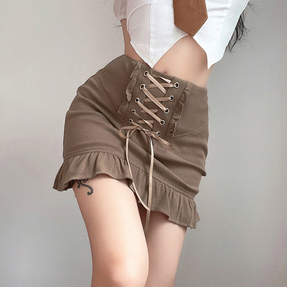 Skinny Panel Lace-Up Brown Ruffle Skirt