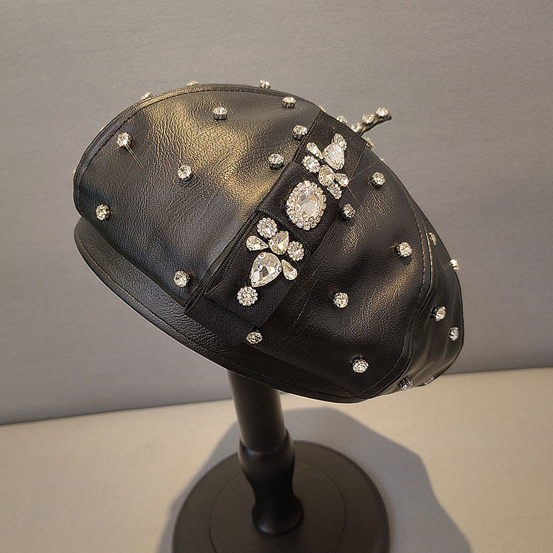 PU Leather Octagonal Rhinestone Bow Beret