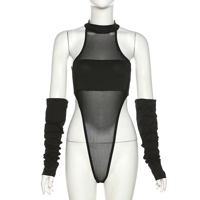 Women's Fashion Round Neck See-through Mesh One-piece Suit