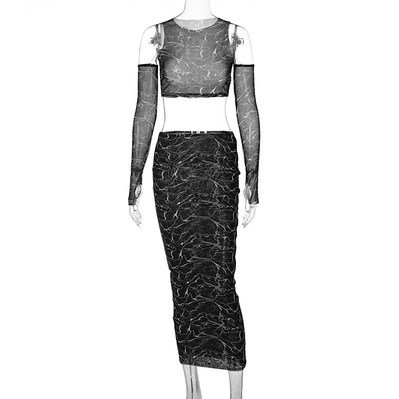 Fingerless Crop Vest Mesh Print Skirt Set