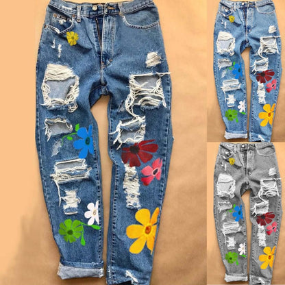 Printed Ripped Fashion High Waist Jeans