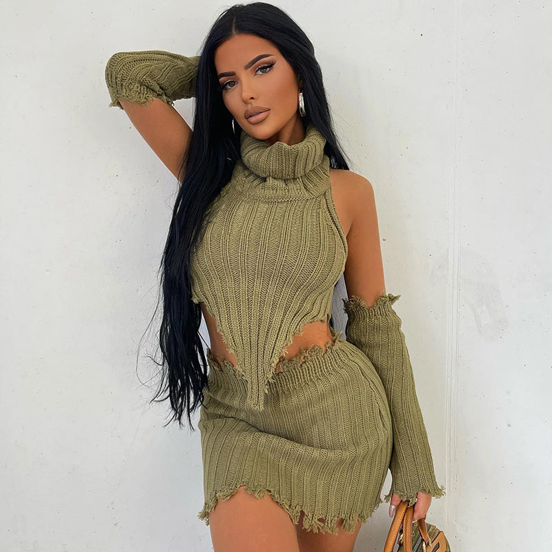 Turtleneck Knitted Backless Sweater Tight Hip Skirt Two-piece Set