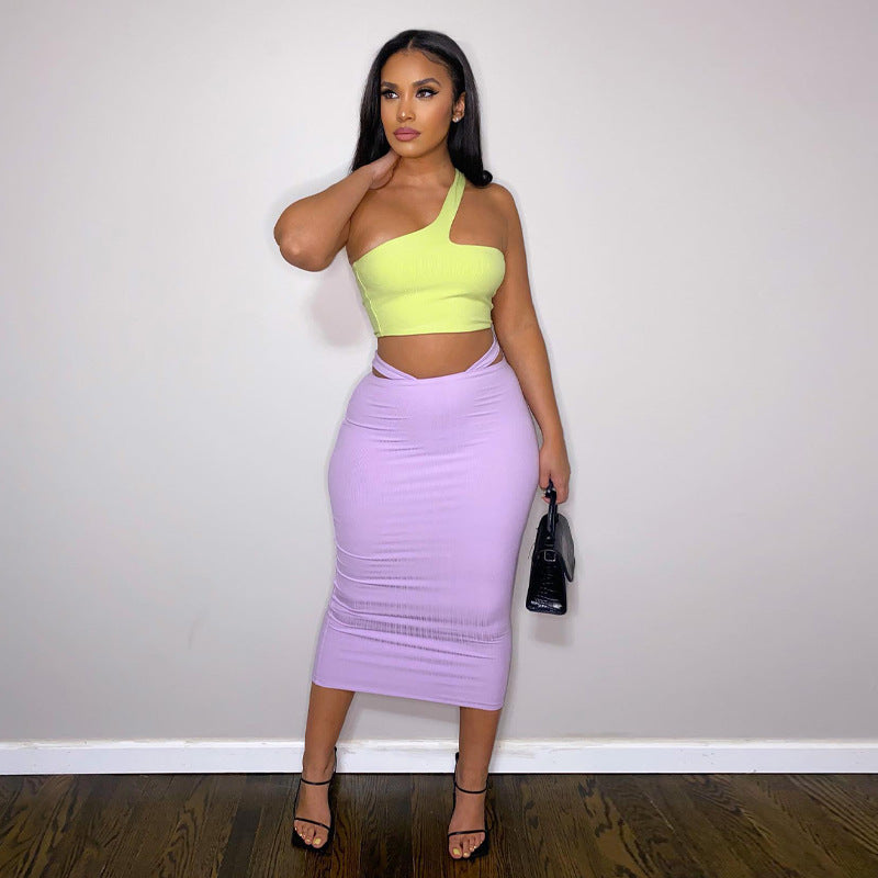 Contrast Color One Shoulder Wrap Skirt Set