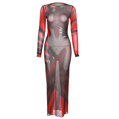 Women's Fashion See-through Mesh Print Dress